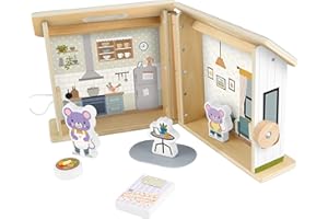 Fisher-Price Wood Pretend Play Toy Dollhouse, 6-Piece Wooden House Playset for Travel Preschool Kids Ages 3+ Years