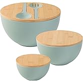 ECOWAY Salad Bowls Set of 3 with Lid & Serving Utensils, Bamboo Fiber Mixing Bowls Set Large Serving Bowls & Storage Set with Bamboo Lid for Salad, Kitchen Eating, Pasta, Popcorn, Chips, Fruit, Cyan