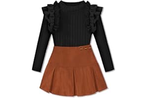 AMAWMW Girls Outfit Skirt Set Ribbed Knit Ruffle Sleeve Top Plaid Pleated Skirt Set Fall Winter Clothes