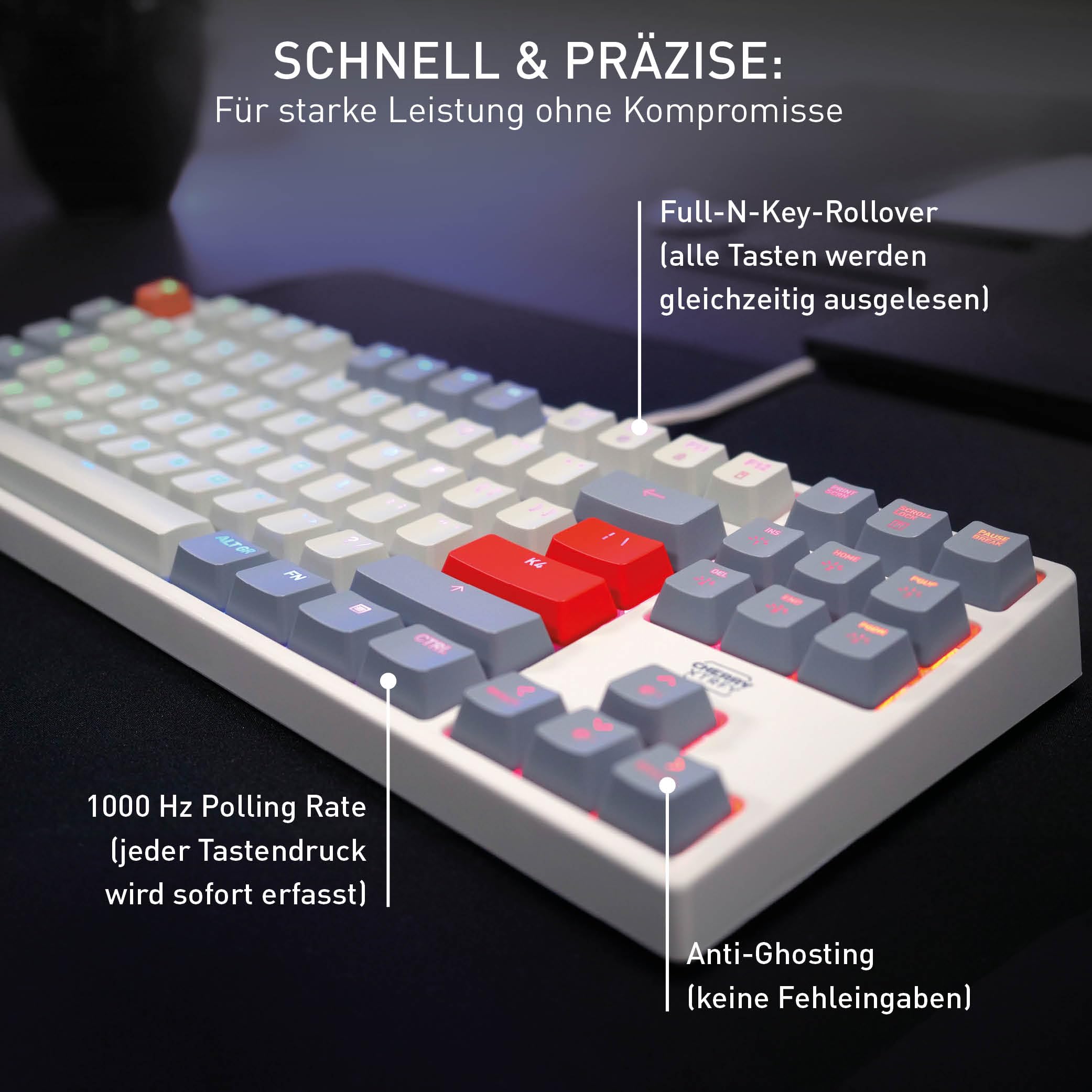 CHERRY XTRFY K4V2 TKL, Kabelgebundene Gaming-Tastatur ohne Nummernblock, Deutsches Layout (QWERTZ), RGB-Beleuchtung, Mechanische MX2A RED Switches, Retro 6