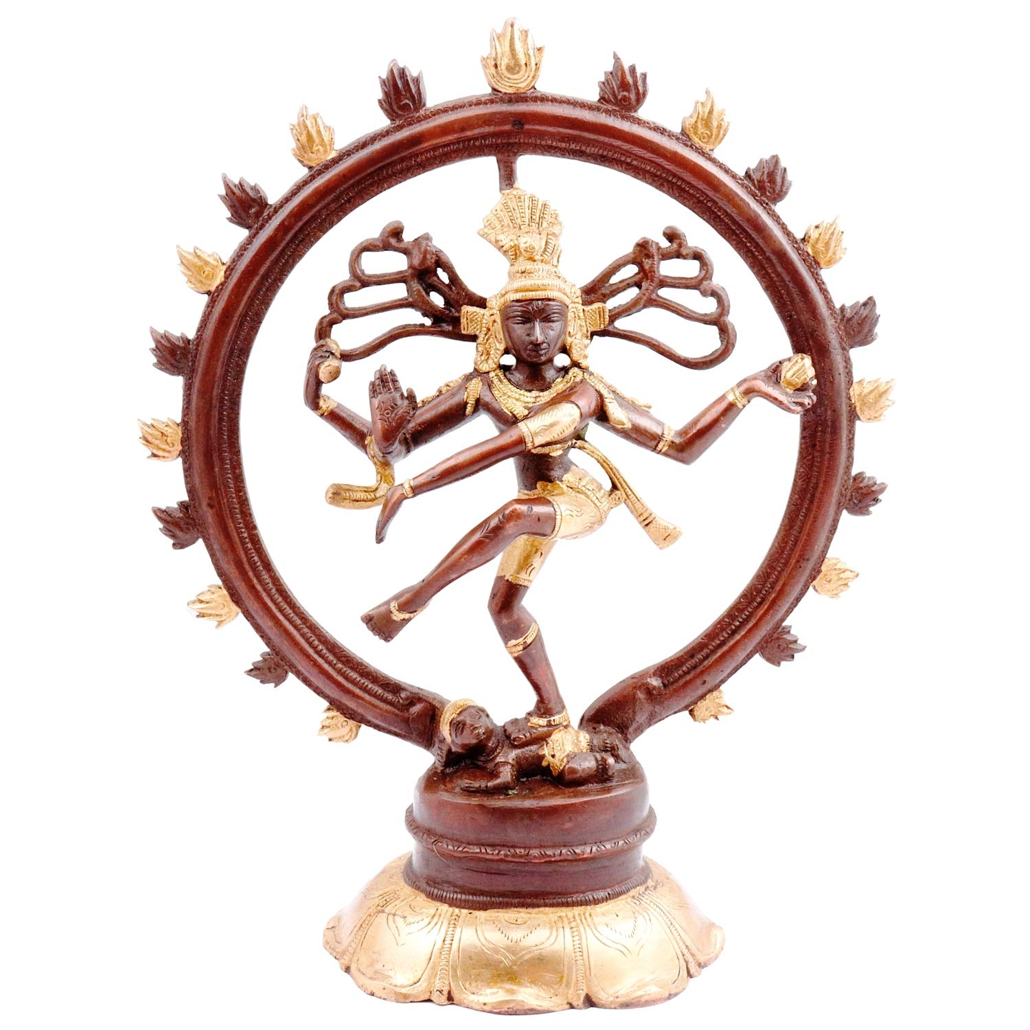 Purpledip Brass Nataraja Idol: Glorious Dancing Siva Statue in Antique Gold-Copper Design (11448)