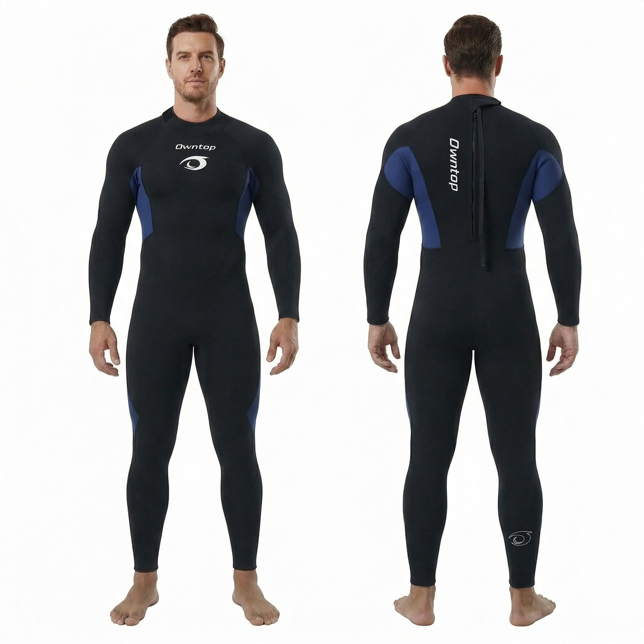 Owntop Men's Full Length 3/2mm Wetsuit, Ultra-Stretch Long Sleeve Winter Wetsuit, Back Zip Adult Neoprene Surfing Diving Wet Suit, Men Blue XXL
