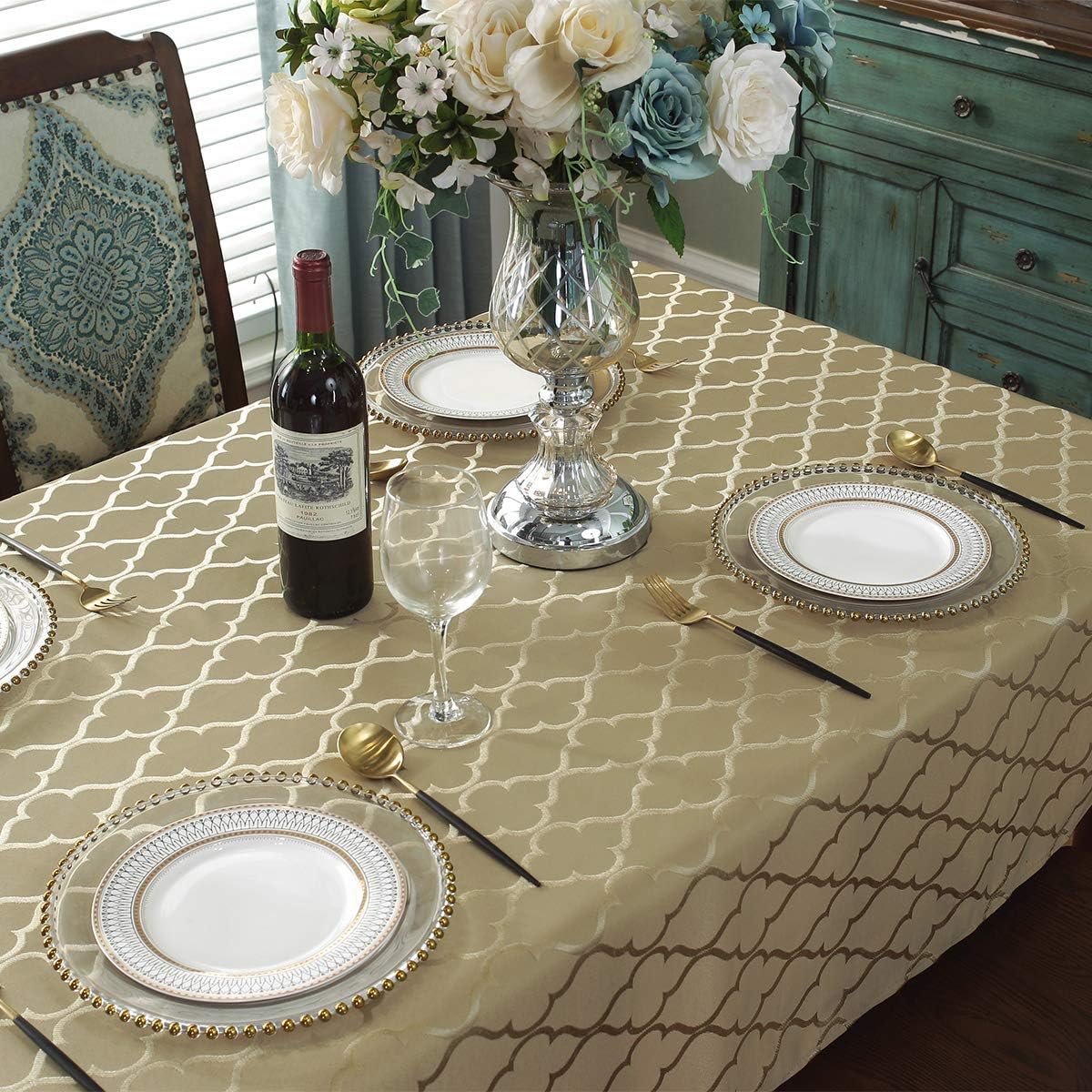 SASTYBALE Jacquard Tablecloth Flower Pattern Polyester Table Cloth Spill Proof Wrinkle Resistant Soft Table Cover for Kitchen Dinning Tabletop Decoration (150 x 213cm - Image 5