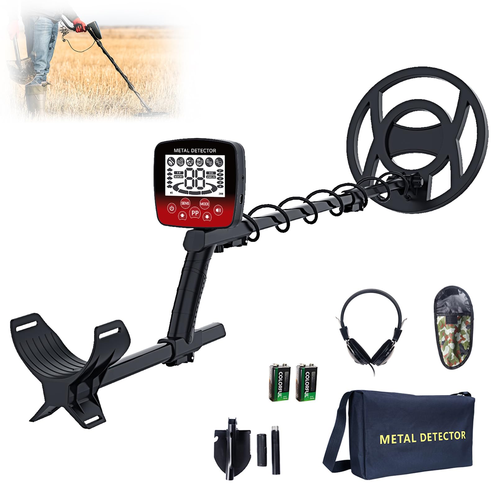 Photo 1 of Cyphyja Waterproof Metal Detector for Adults, 10" IP68 Professional Metal Detectors, 5 Modes High Accuracy Detector de metales oro y Plata, Gold Detector/Tester with Shovel, Bags, Headphones(Red)