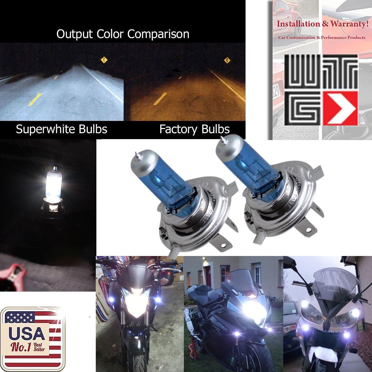 WTG H4 (High/Low Beam) 55w 1 Pair Super White Xenon Halogen Headlight Lamp Light Bulbs Yamaha Motorcycle Bike (Contains 2 Bulbs)