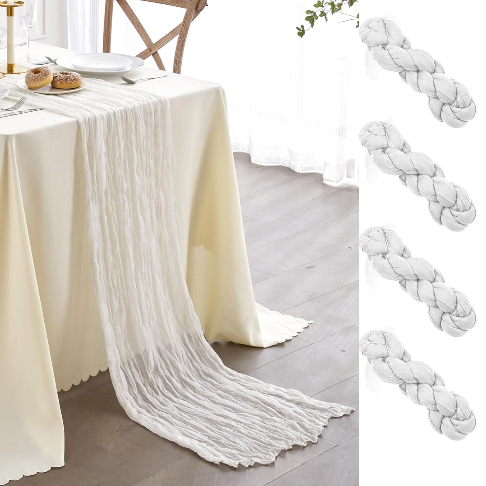 Newthinking 4 Pack Cheesecloth Table Runner, 10 ft Ivory White Cheesecloth Runner, Rustic Gauze Fabric Table Runner for Wedding Table Decoration Holiday Party, 90X300CM