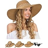 Senker Fashion Sun Hats for Women, Wide Brim Floppy Beach Straw Hat for Summer Travel Vacation Foldable with Sunglasses