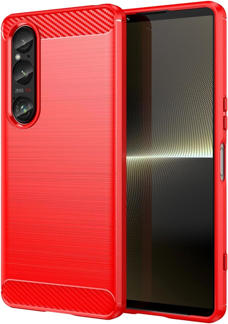 PIXFAB for Sony Xperia 1 VI [Slim Fit] Shockproof Brushed Carbon Fibre [Protective Case] Cover, Gel Rubber Phone Case for Sony Xperia 1 VI - Red
