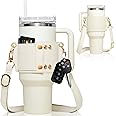 Itscolofy Water Bottle Holder - Carrier Strap for Stanley 40 oz & 30 oz Tumbler with Handle, for Stanley Cup Accessories, Adjustable Strap, Credit Card Holder, Keyring, Straw Cover (Cream)