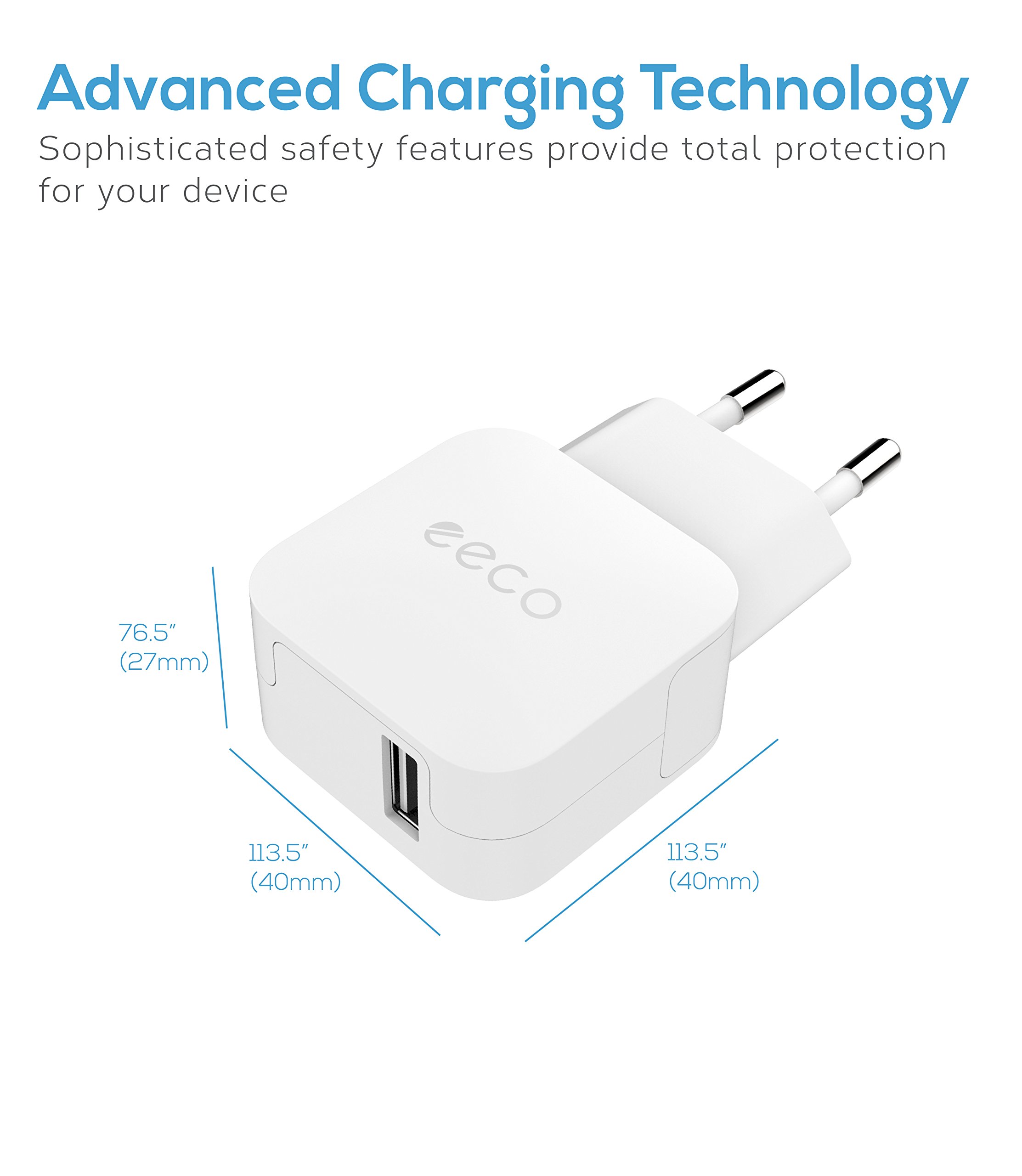 eeco Chargeur Secteur USB 2.4A Universel Secteur Mural Charge Rapide Adaptateur pour iPhone, iPad, Samsung et les autres smartphones et tablettes (Blanc)