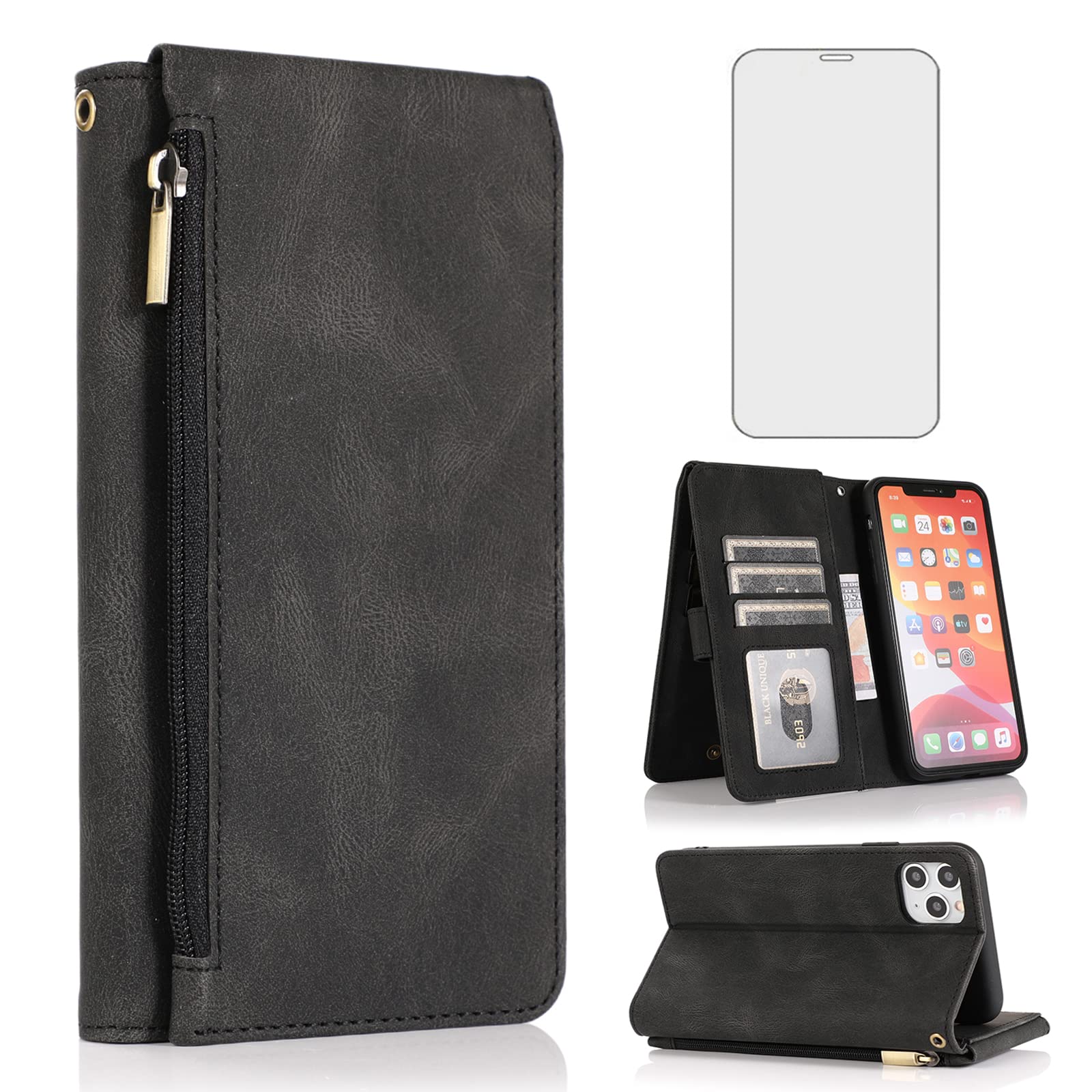 Asuwish Compatible with iPhone 11 6.1 Wallet Case Tempered Glass Screen Protector Zipper Leather Flip Cover Card Holder Stand Cell Phone for iphone11case iPhone11 i Phone11 11s XI 11R Women Men Black