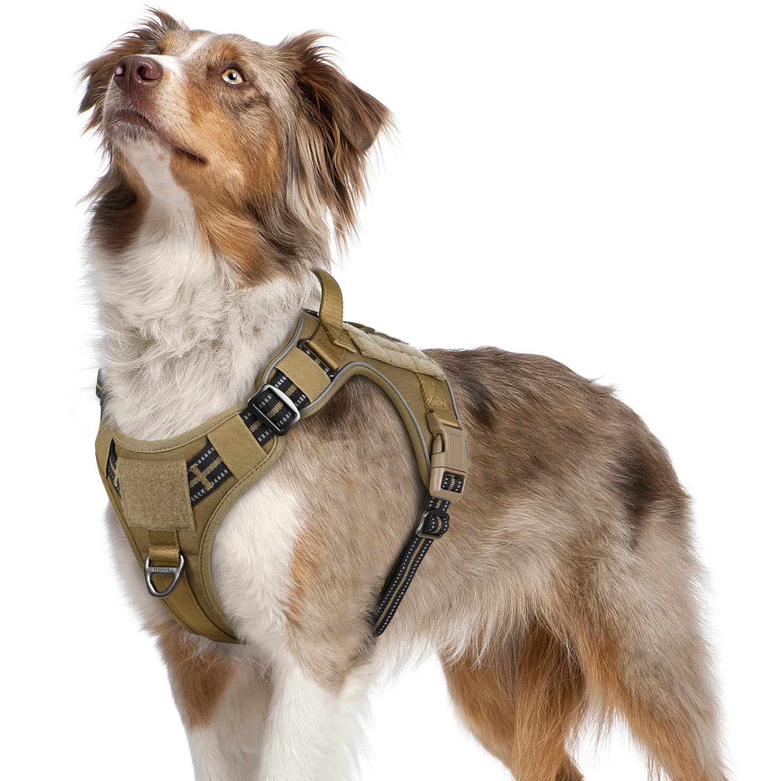 rabbitgoo Dog Harness Medium, Tactical Adjustable No Pull Harness, Military Dog Harness with Molle Panel, Reflective Soft Padded Pet Vest with Easy Control Handle for Walking Training, Brown, M