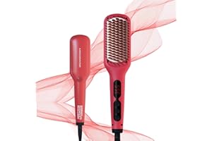 Updated Megawise Pro Ceramic Ionic Hair Straightener Brush – Fast 20s Heating, Auto-Off, Anti-Scald, Dual Voltage, Rotatable Power Cord – Home Salon Styling (Tomato Red)
