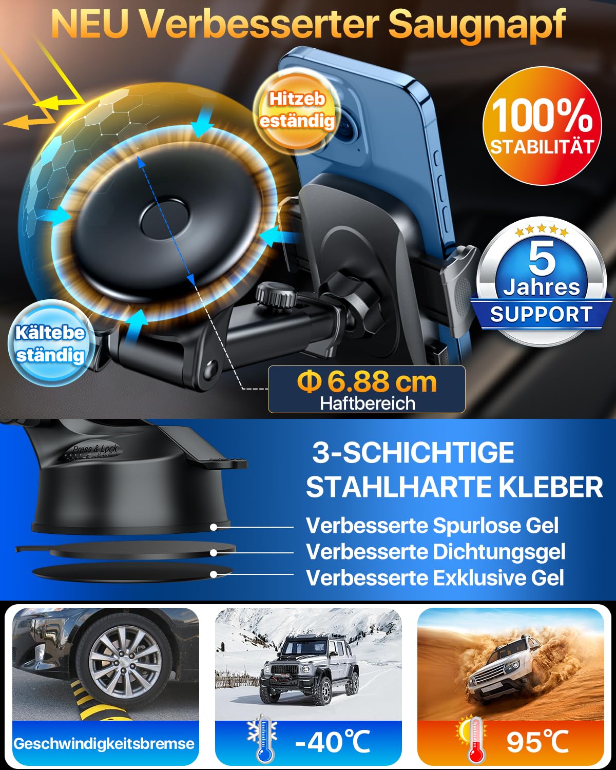 HTU 2026【Militär-Klasse】 Handyhalterung Auto【Stärkste Saugnapf & Lüftung】 Handy Halterung Auto 360° Drehbar Handyhalter Auto auf Armaturenbrett Scheibe für iPhone 17 Pro Max Samsung S25, Schwarz 4