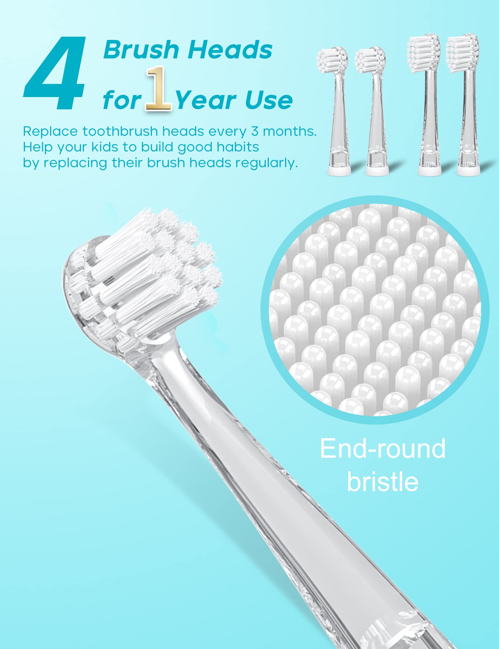SEAGO Baby and Kids Electric Toothbrush Replacement Heads SG-849 for 513，2139 ，977 - Pack of 4 (025+037