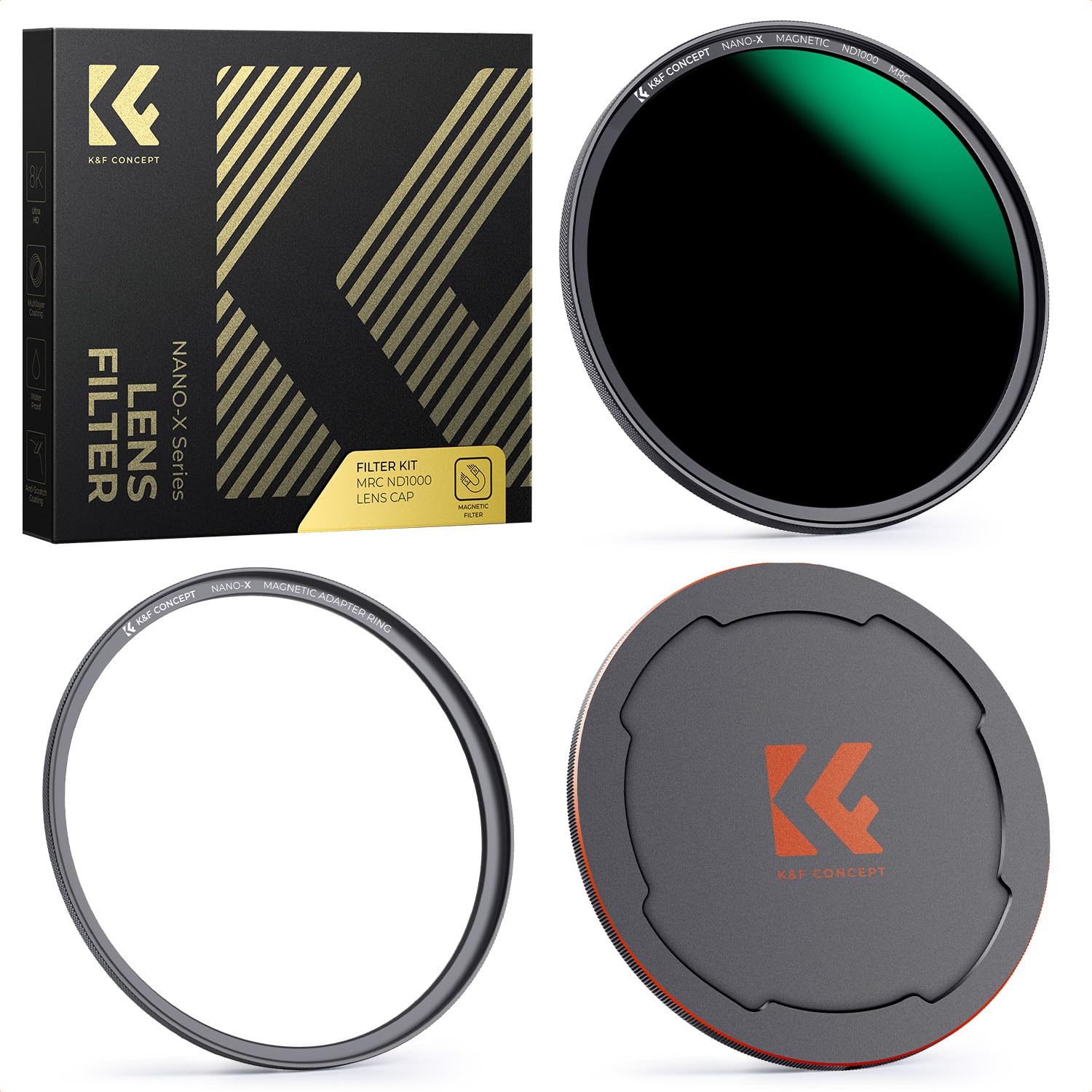 K&F CONCEPT 82mm Magnetic ND1000 Filter Kit Adapter Ring Alloy Lens Cap, 10 stops Optical Glass Case (Nano-X Series)