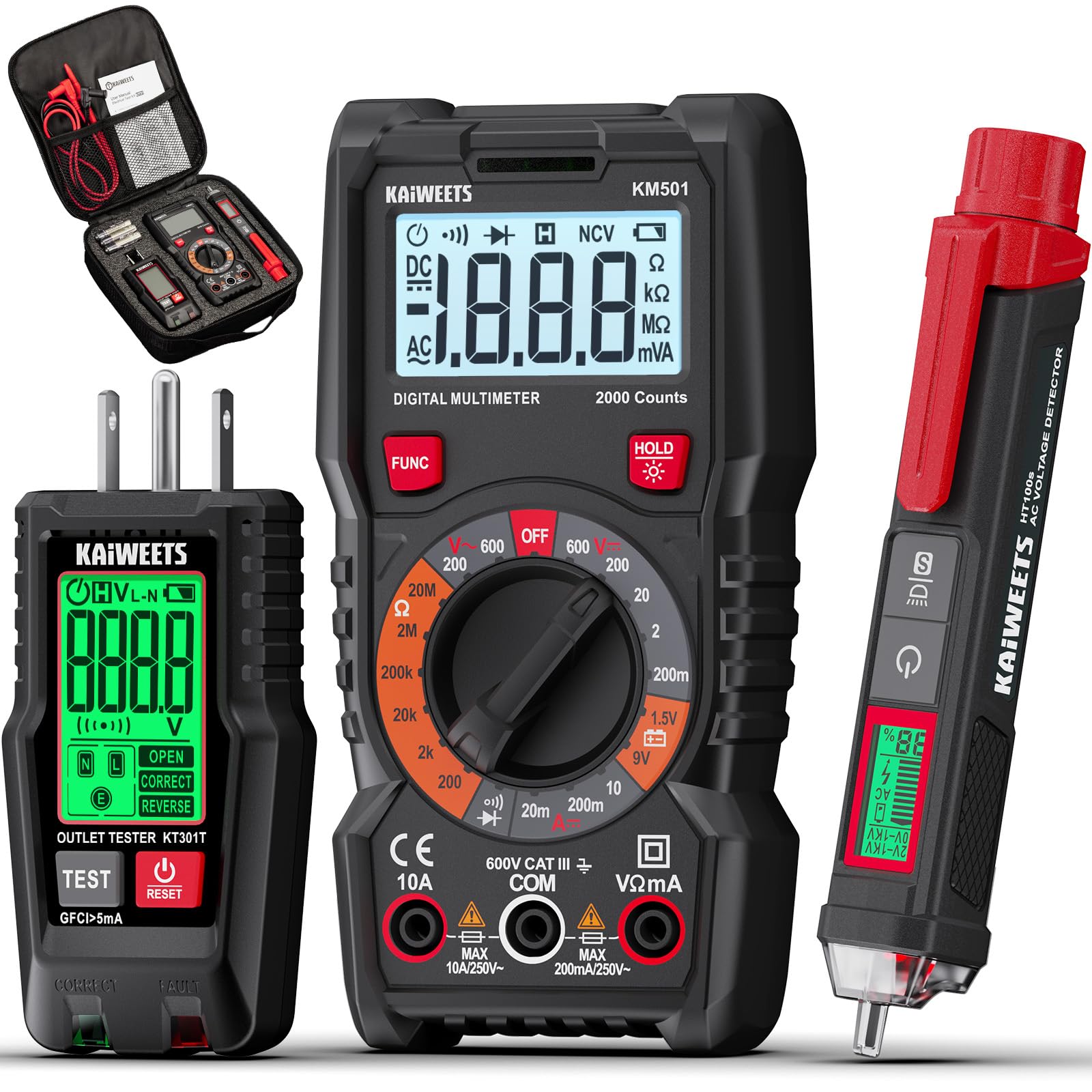 Photo 1 of KAIWEETS Electrical Test Kit KIT01, Digital Multimeter, Smart Non-Contact Voltage Tester & GFCI Outlet Tester with LCD, Complete Set with Carrying Case & Batteries for Electrician, DIY & HVAC