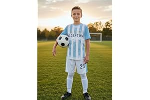 Kids Soccer Jersey Set - Youth 2-Piece Football Uniform with Shorts, Argentina-Style Pixel Stripes & 3 Stars for Boys Girls