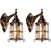 Plfann Rustic Amber Glass Wall Sconce 2-Pack, Bronze Brushed, Industrial Farmhouse Lamp Porch Lighting Waterproof Retro Lamp 