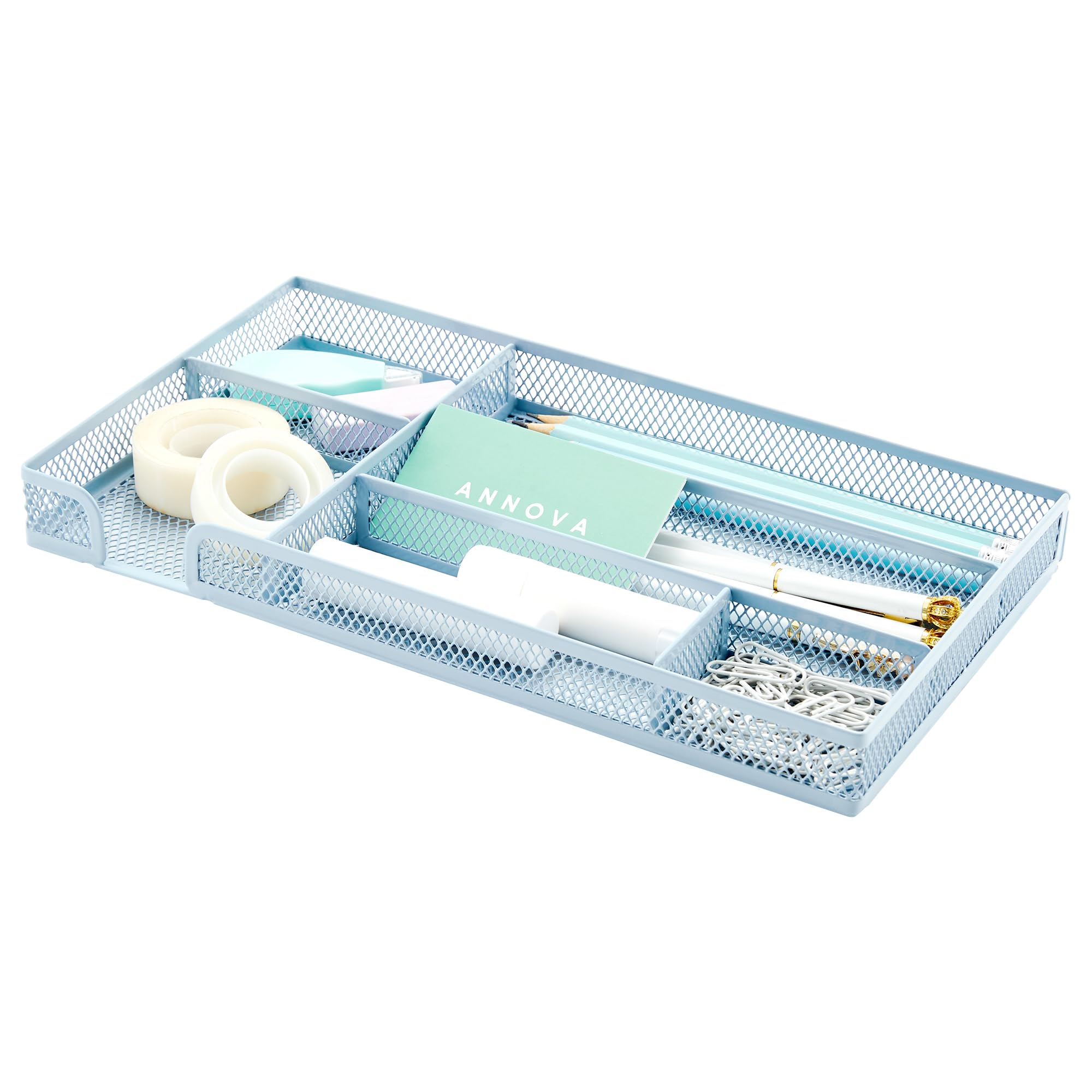 Annova Desk Drawer Organizer Tray for Office Organization - Metal Mesh - Storage Tray with Dividers for Pens, Desktop Accessories, Bathroom, Kitchen, Makeup and Office Supplies (Blue23)
