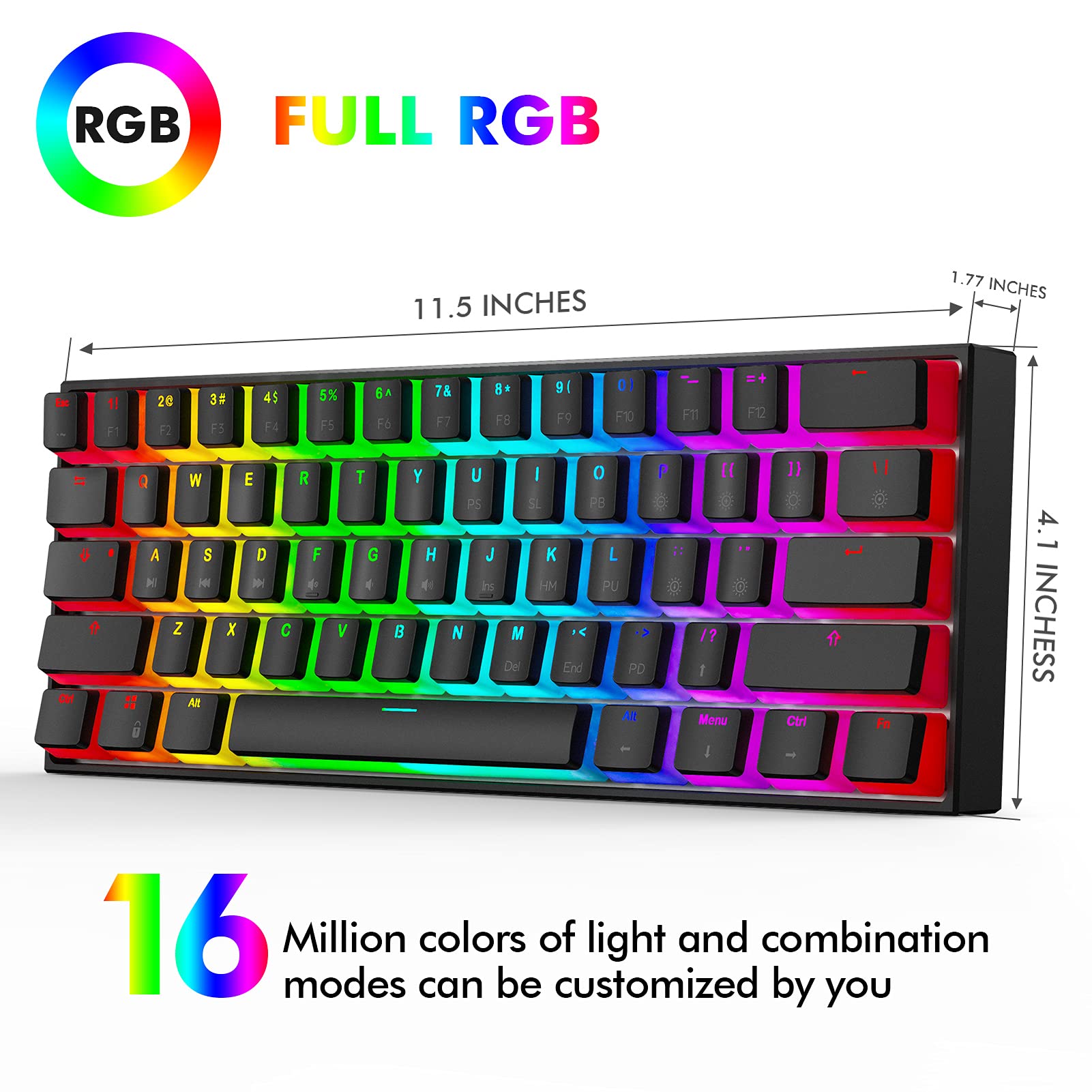 Ractous RTK61P 60% Mechanical Gaming Keyboard RGB Backlit PBT Pudding keycaps 61key Ultra-Compact Wired Keyboard Programmable for PC/Mac Gamers,Hot-Swappable Gateron Optical Brown Switch (Black)