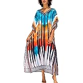 Chunoy Women Tie Dye Striped Kaftan V Neck Casual Bathing Suit Kimono Sleeve Side Split Beach Cover Up Caftan Dress