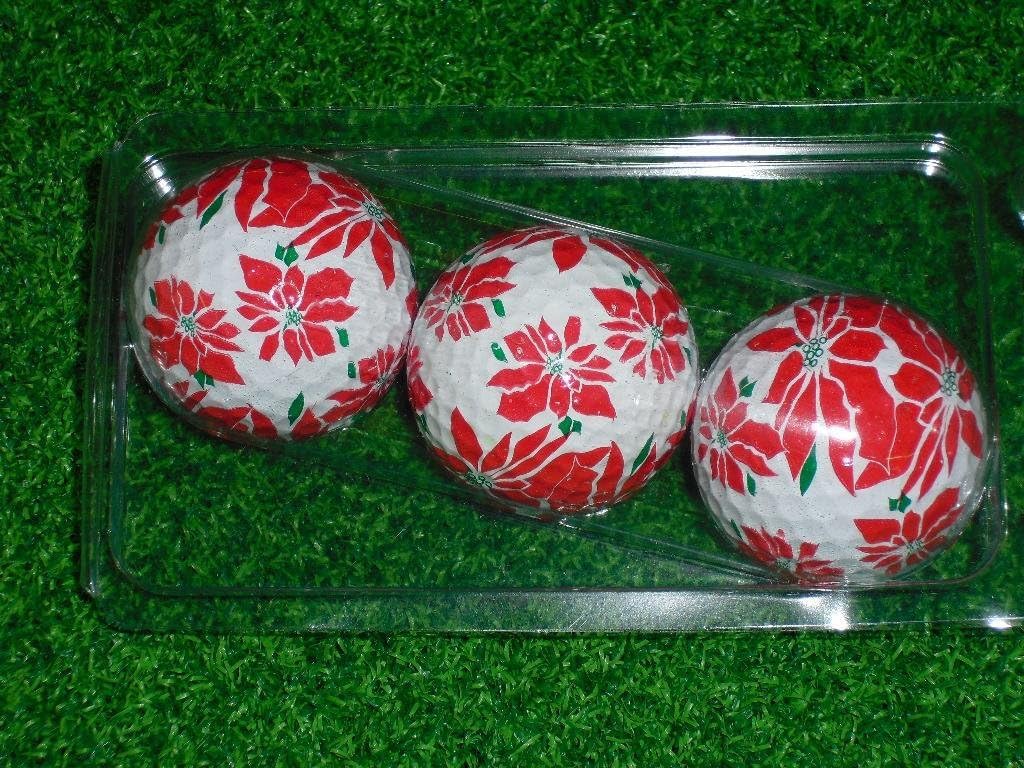 Poinsetta Themed Golf Ball Winter Holiday Christmas 3 ct Pack