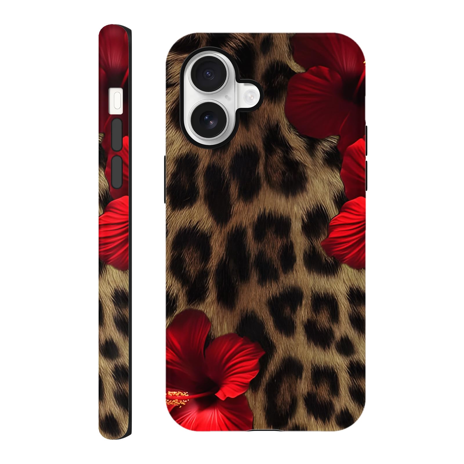 Cinysnt Cute Cheetah Print Phone Case for iPhone 17 Case 6.3", Aesthetic Leopard Red Hibiscus Flower Pattern Design 2-in-1 Matte Cover Shockproof Slim Soft TPU Hard PC Protection Girls Women Funda