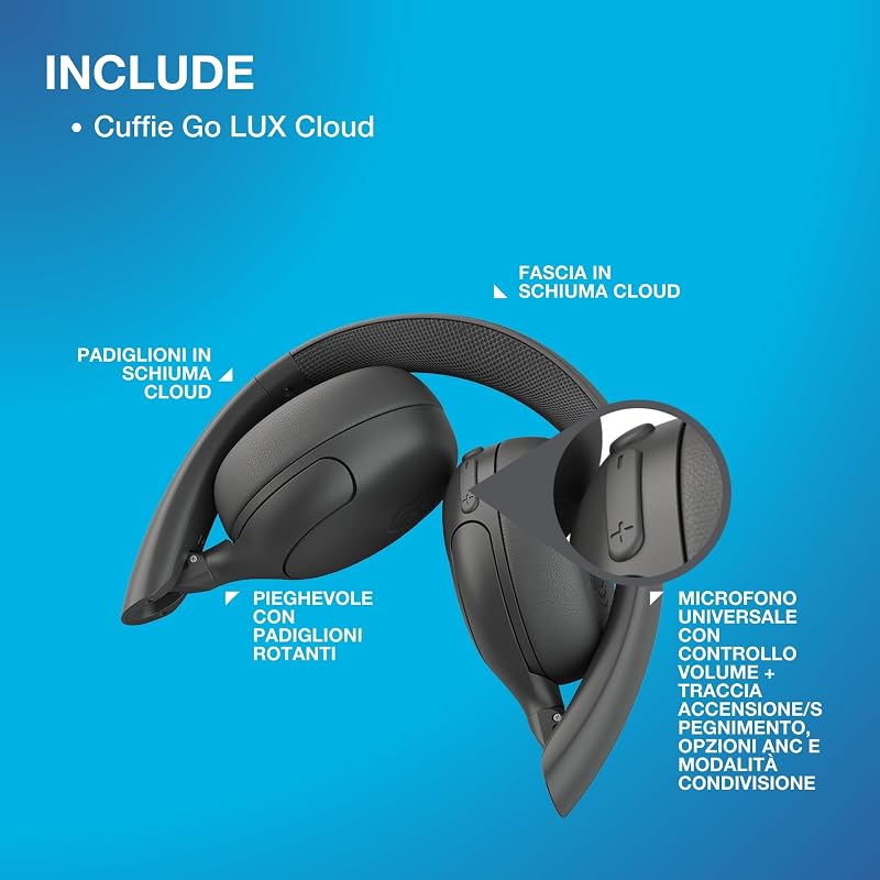 Go Lux ANC Cuffie Wireless On Ear Cancellazione Rumore, Grafite