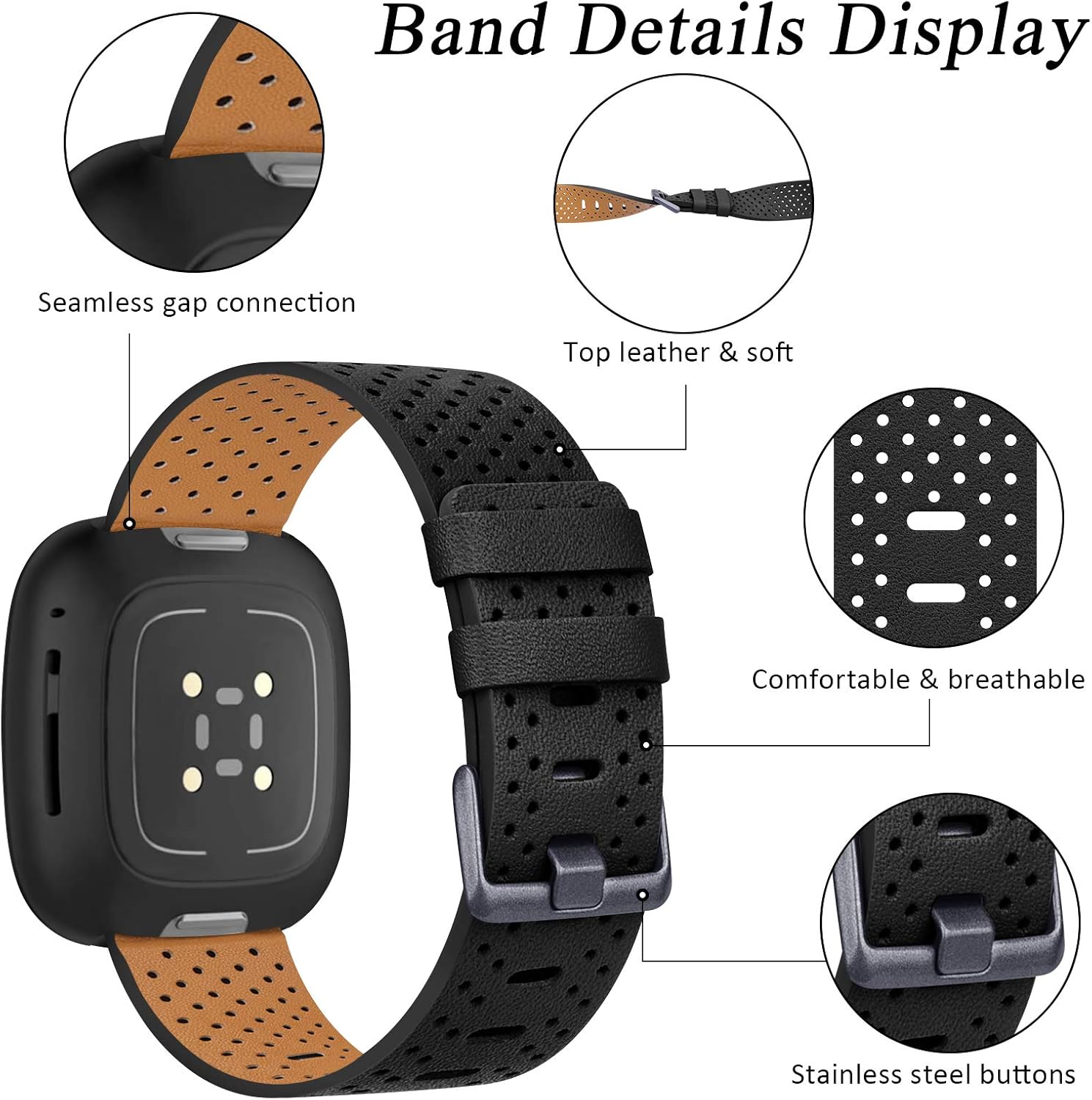 Strap Compatible with Fitbit Versa 3 / Fitbit Sense Strap Leather, Genuine Leather Replacement bands Compatible with Versa 3 - Image 3