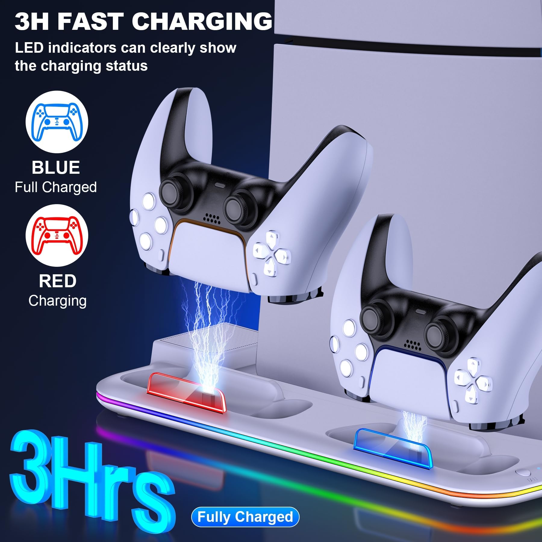 DINOSTRIKE PS5 Slim Stand and Cooling Station for Playstation 5 Slim Disc Digital Consoles,RGB PS5 Controller Charger with Cooling Fan, PS5 Cooling Base PS5 Stand Vertical Headset Holder 15 Game Slots