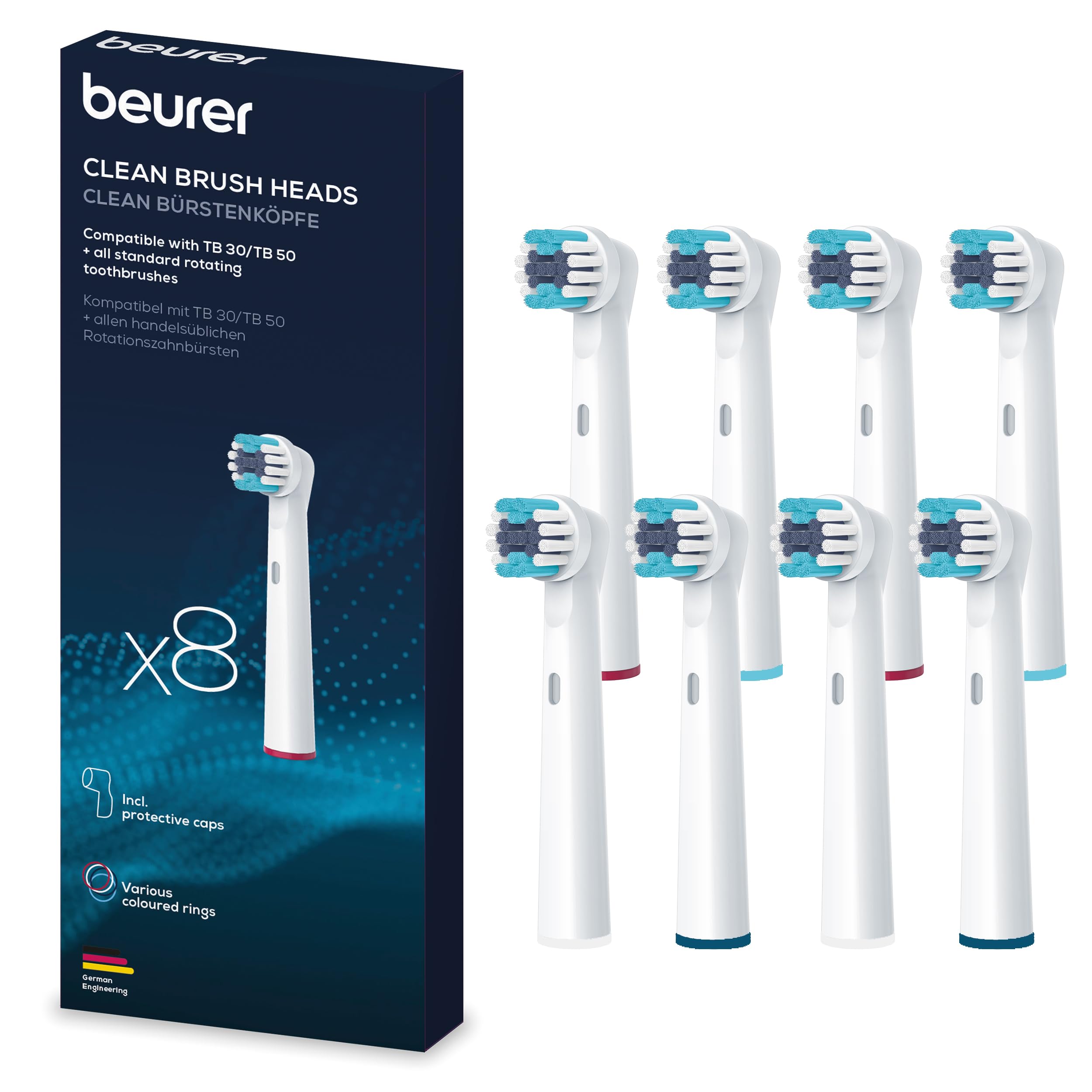 Beurer TB 30/50 Clean Electric Toothbrush Heads 8 Pack Toothbrush Heads Compatible with Oral-B Toothbrushes, White Replacement Brushes