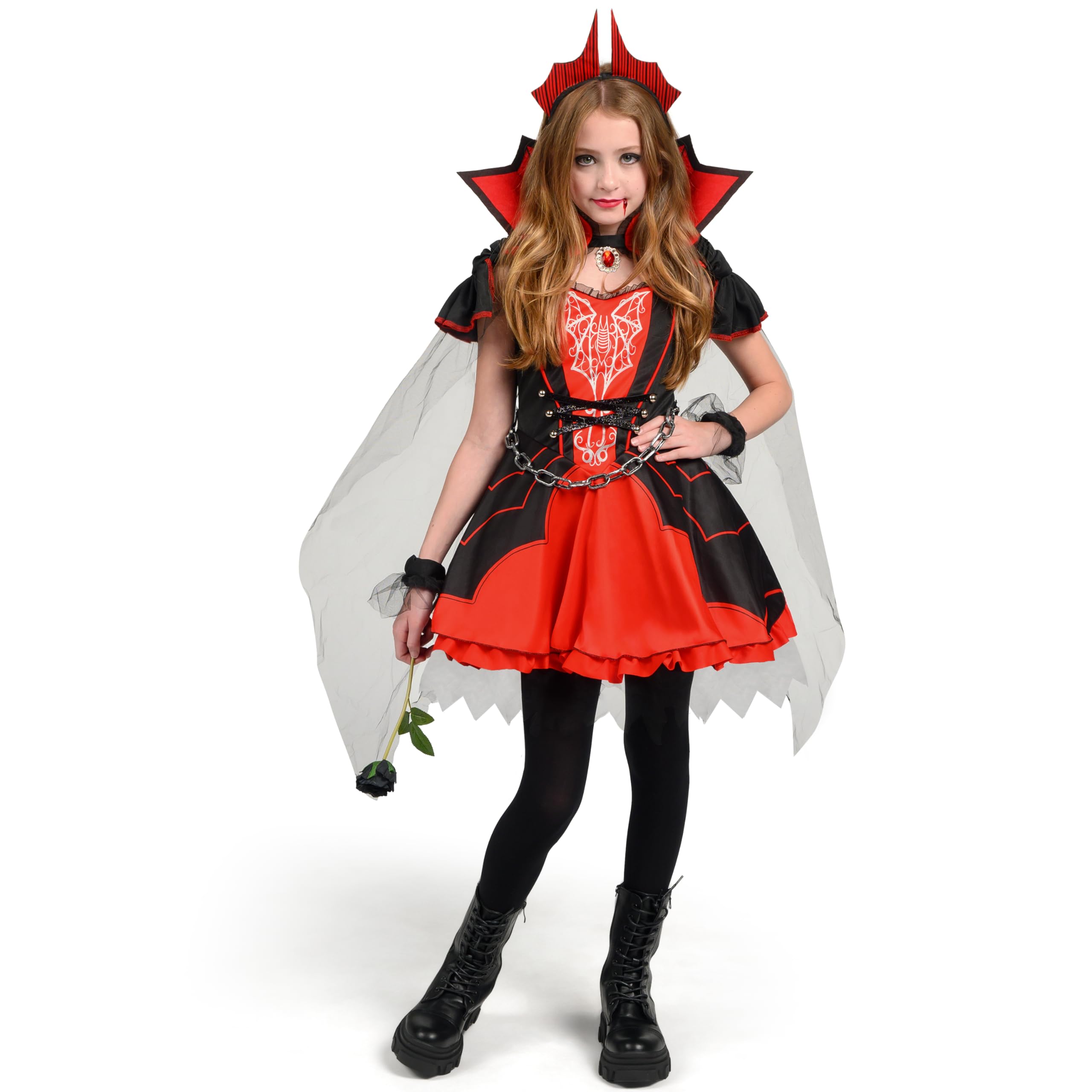 Photo 1 of Spooktacular Creations Halloween Girls Vampire Costume, Red Dark Vampire Dress Costume for Girls Halloween Dress up, Role-Playing and Parties