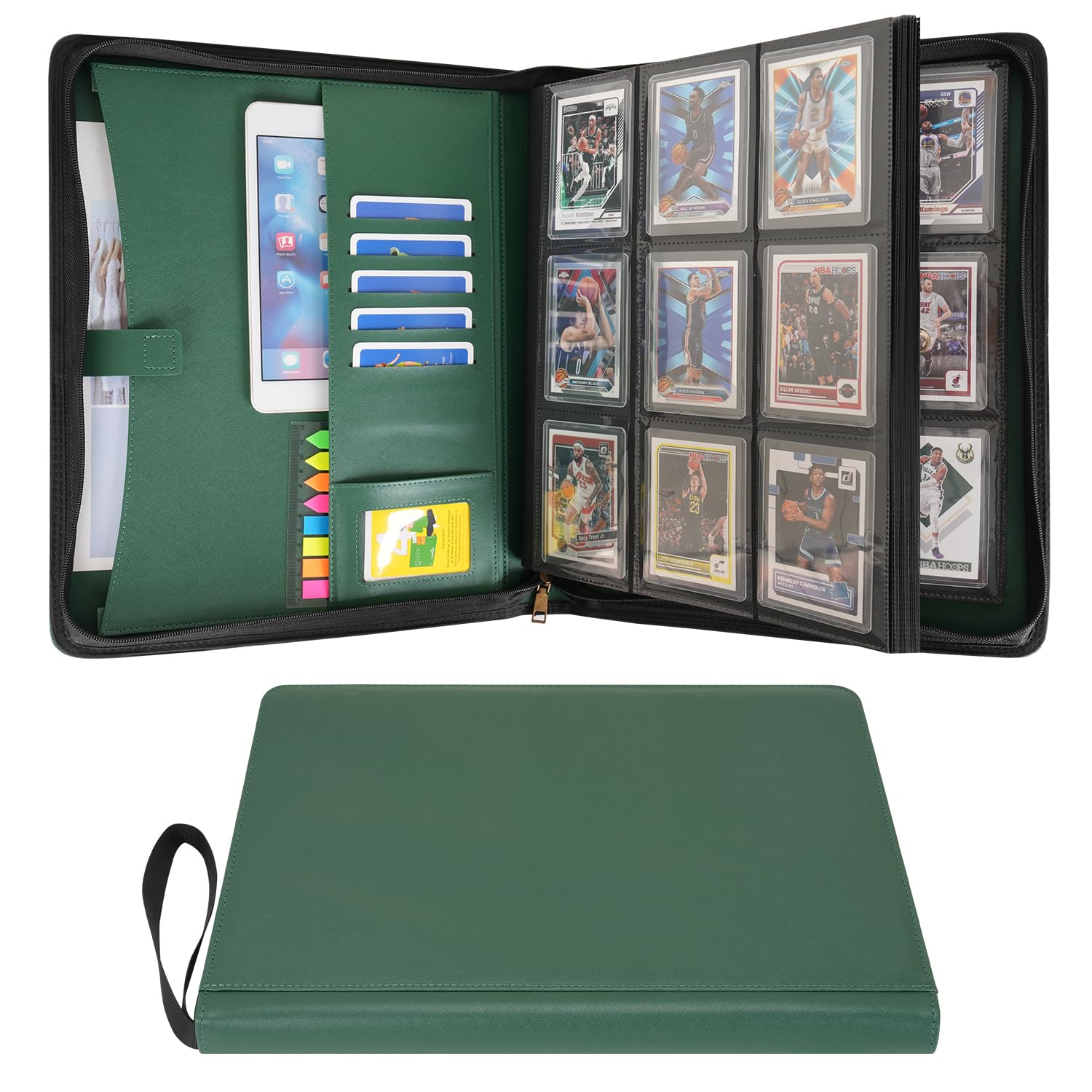 Wonderpool Toploader Binder Trading Card Album Storage 9 Pocket - 360 Side Loading Holds Toploaders with Extra Interior Pockets | PU Leather Notebook for MTG TCG Yugioh Game Sports Cards (Green)
