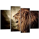 KREATIVE ARTS - 4 Panel Wall Art Lion Painting Print On Canvas Animal Pictures For Home Decor Decoration Gift Piece Stretched By Wooden Frame Ready To Hang