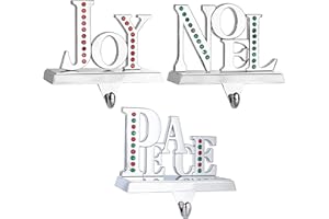 Klikel Stocking Holder Set of 3 - Joy Noel Peace Christmas Stocking Hanger for Mantel - Shiny Silver Metal Christmas Stocking Holder for Fireplace Mantle- Heavy Stocking Holder for Mantle with Hook