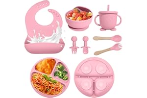 CATVEGUE Baby Led Weaning Supplies, 8 Piece BPA-Free Silicone Feeding Set, Silicone Suction Bowl, Forks & Spoons, Bib & Cup, Develops Self Feeding Skills, Dishwasher Safe, for 6+ Months (Pink)