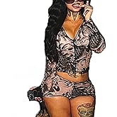 YOUFE Women's Club Outfits Sexy Mesh See Through Print Zipper Top Bodycon Shorts Set Y2K Rave Night Out Streetwear