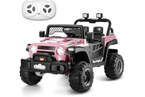 TEOAYEAH 12V 4WD Ride on Truck Car for Kids, Powerful Electric Vehicle w/Parent Control, Wireless Music/USB, Wear-Resistance Wheels, Storage Trunk, Spring Suspension, Ideal Gift to Kids-Pink