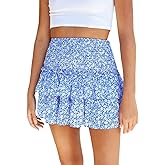 ABAFIP Women Ruffle Mini Skirt Smocked High Waist Floral Print Boho Pleated Layered Short Skirts