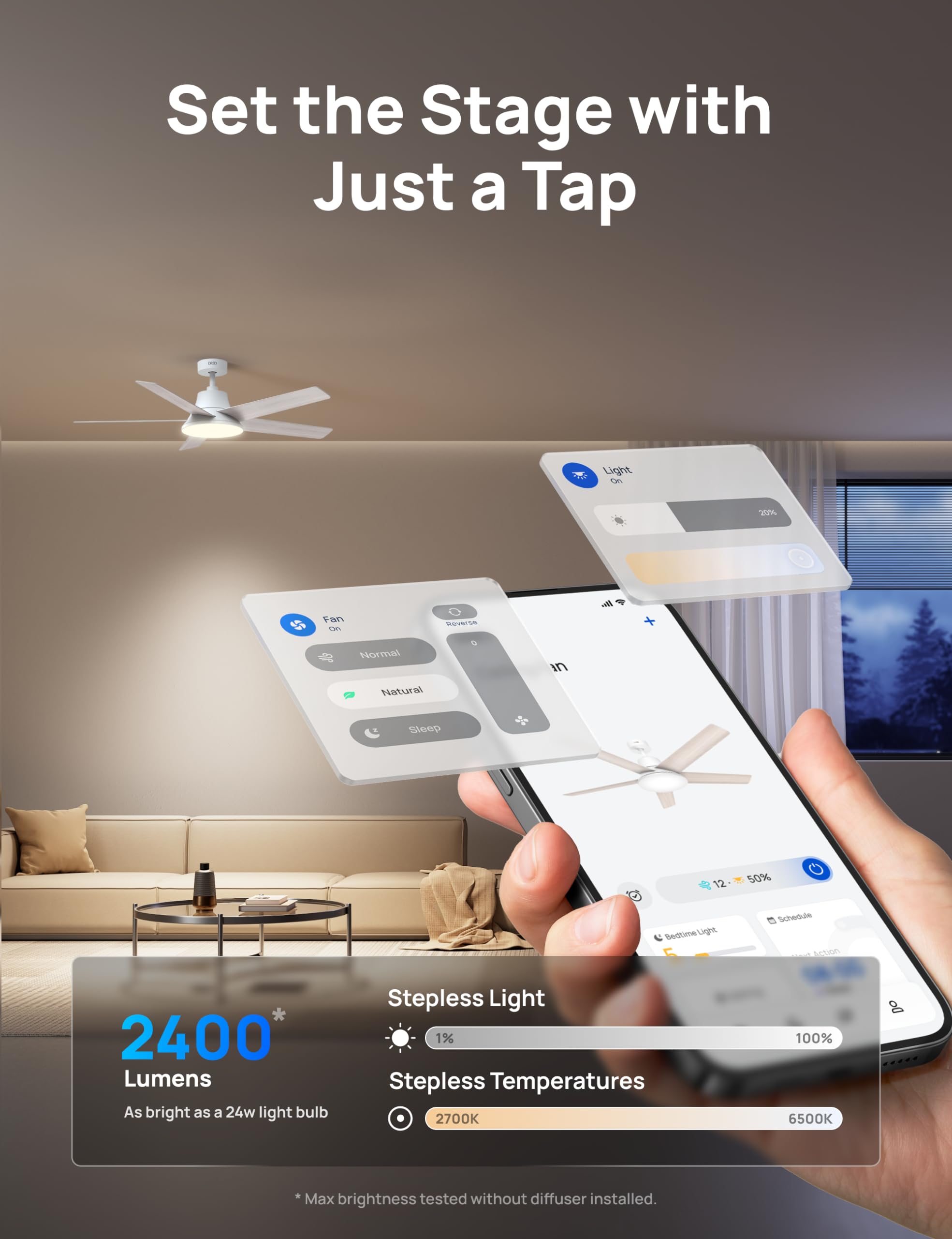 Dreo Smart Ceiling Fan with Lights, 52 Inch, 12 Speeds & 3 Fan Modes, Stepless Color Tones, Dimmable LED Light, 12H Timer, Quiet DC Motor, Remote/APP/Alexa Control, White Ceiling Fans Indoor
