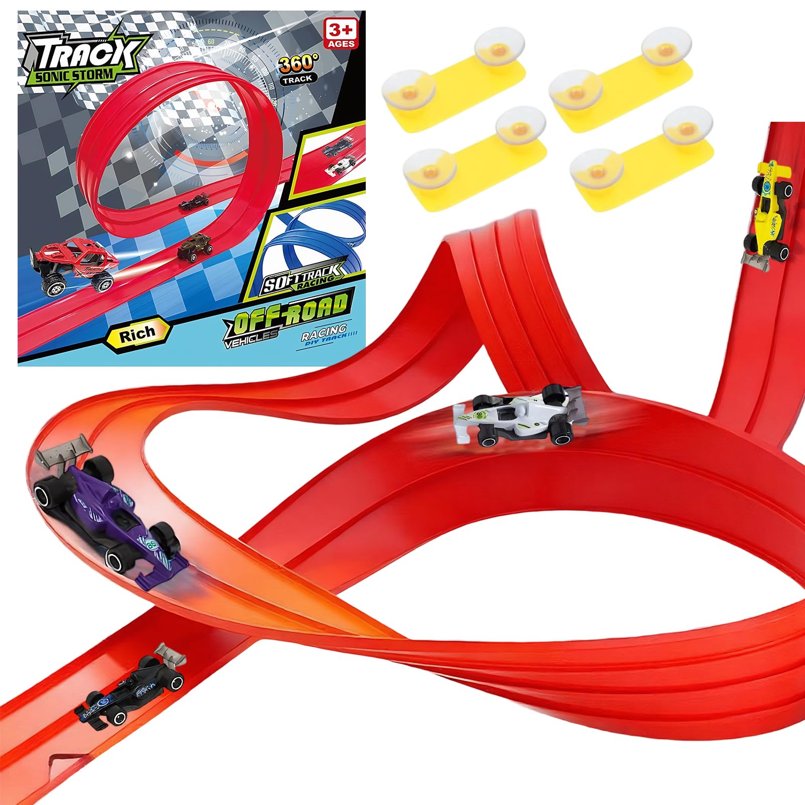 Flexible Car Track 5m, Toy Car Speed Race Track with 4 Diecast Cars, 8 Suckers and 4 Connectors, Rolls Up Portable Two-Lane Racetrack for Windows, Doors Ideal for Boys, Girls