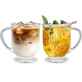 KEMORELA 16oz Ribbed Glass Coffee Mugs Set,Large Glass Mugs with Handle | 2-pack,Clear Thick glass,Wide base,Microwaves,Dishwasher safe,For Ice Coffee,Americano,Latte,Tea,Juice,Hot/Cold Beverages