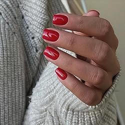 Red Press on Nails Short Square, Natural Short Gel