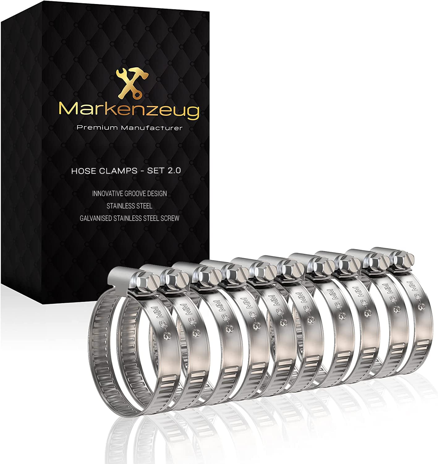 MARKENZEUG® Hose Clamps Set I Stainless Steel Hose Clamps I Pipe Clamps I Screw Clamps Rustproof I Hose Clamp for Washing Machine & Pool or Car I 8-16 mm Diameter I Set of 10