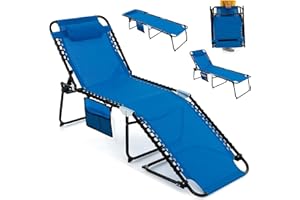 Giantex Patio Lounge Chairs for Outside - Folding Tanning Chair w/Headrest, 4 Adjustable Positions, Side Pocket, Outdoor Chaise Lounge for Camping, Pool, Sunbathing Beach Chair, Navy