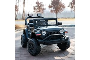 RJV 12V 7AH Kids Ride-On Truck Jeep, Electric Car with Parent Remote Control, Spring Suspension, LED Lights, Bluetooth, Music, Black