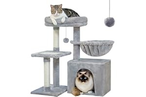 PEQULTI Small Cat Tree, [28.5''] Cat Tower for Indoor Cats, 2 Styles Cat Activity Tree with Cat Scratching Posts, Big Hammock and Removable Top Perch Grey