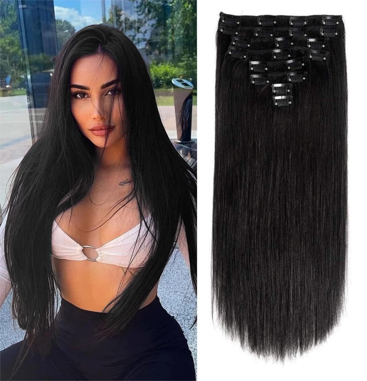 Sexycat Straight Hair Extensions Clip in 16 Inch 8Pcs 100g Clip in Hair Extensions Real Human Hair, Natural Black Color Double Weft Hairpieces for Women — image 1