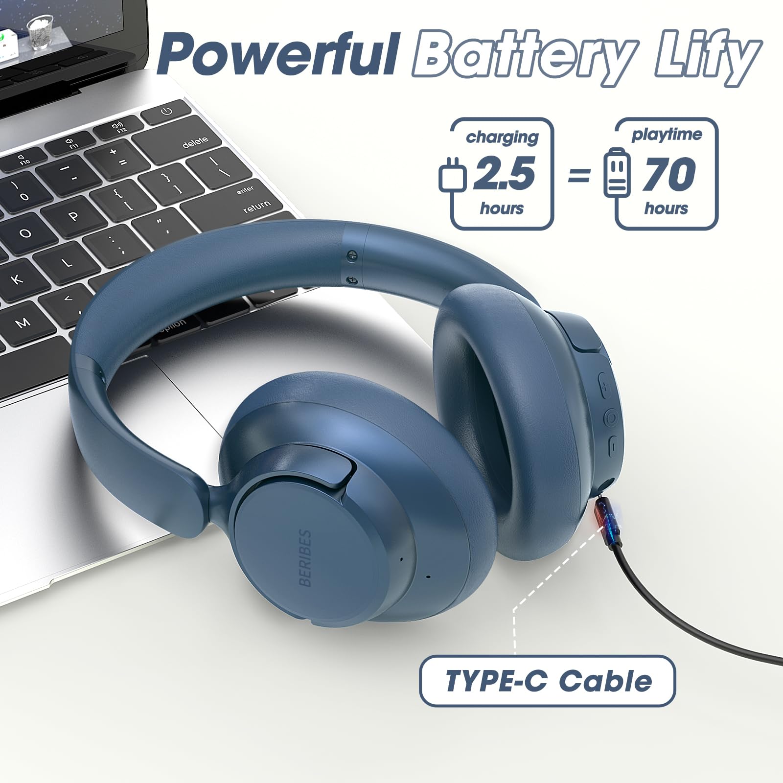 BERIBES Upgraded Hybrid Active Noise Cancelling Wireless Headphones with Transparent Modes,70H Playtime Bluetooth Headphones Wireless with Mic, Deep Bass,3.5MM Cable,Soft-Earpads,Fast Charging-Blue